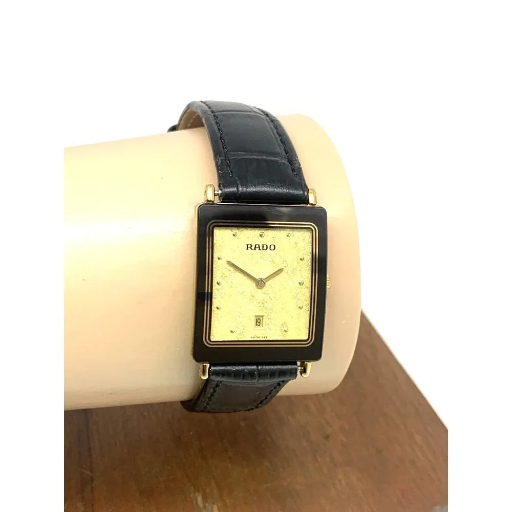 Rado Women's Watch 160.0381.3 Diastar Swiss Quartz Gold Black Leather Tank 24mm